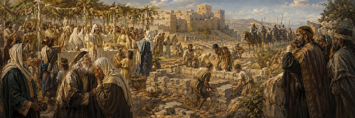 Returned exiles restore the altar and lay the temple foundation as elders weep and opponents watch
